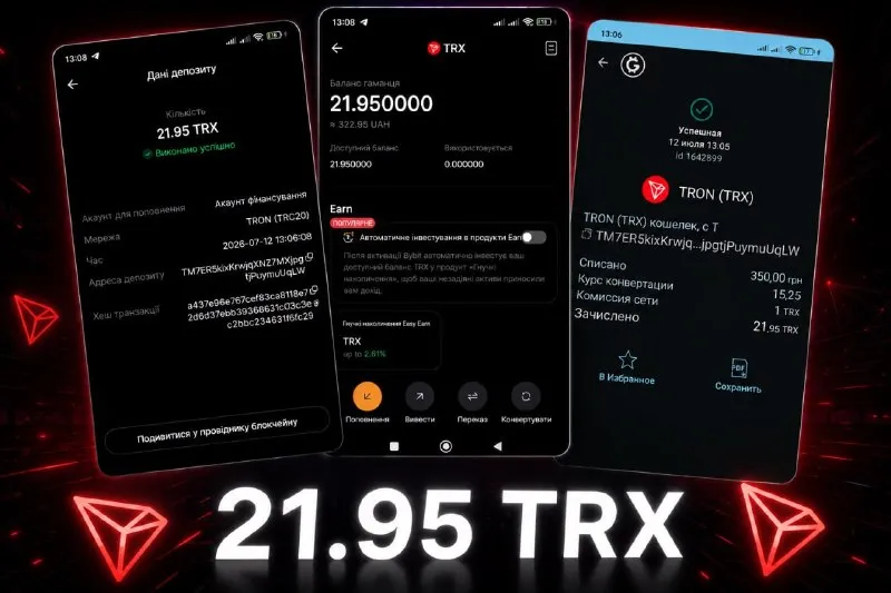 Подтверждение зачисления 21.95 TRX на Bybit